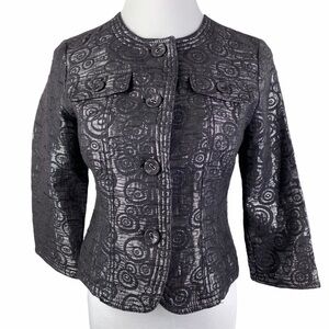 Ruby Rd. Petite Metallic Cropped Jacket Women's 4P Black Silver Swirl Design